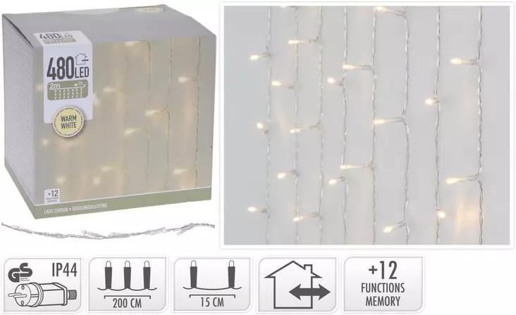 Led valoverho 480 lämmin valkoinen led, 225x300cm, 16 nauhaa, 12 toimintoa, ip44, sisä/ulko - Valosarjat - 8719987254017 - 1