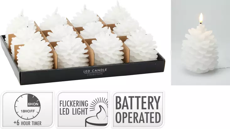 Led kynttilä käpy valkoinen 13cm paristokäyttöinen ajastimella lämmin valkoinen valo tunnelmaan - Led-kynttilät ja lyhdyt - 8720573755887 - 1