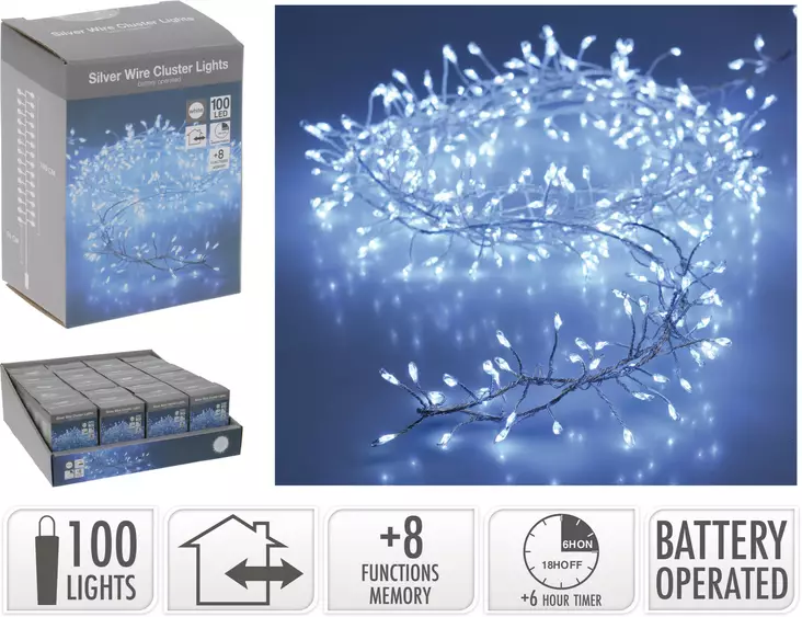 Hopealanka led-valosarja 100 kylmänvalkoista lediä, paristokäyttöinen ajastimella ja 8 toiminolla - Valosarjat - 8721037202817 - 1