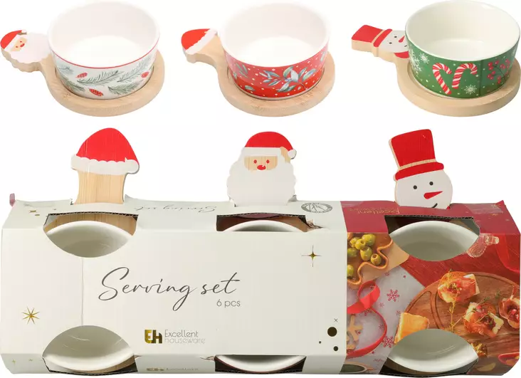 Joulun 6-osainen tarjoilusetti – kolmen posliinikulhon ja bambualustan juhlakokonaisuus - Joulun kattaus - 8721037490337 - 1