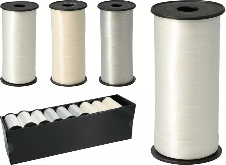 Koristenauha 5mm x 100m, kiiltävä polyesterinauha lahjapaketteihin ja askarteluun, 3 neutraalia sävyä - Pakkaus ja paketointi - 8721037672207 - 1