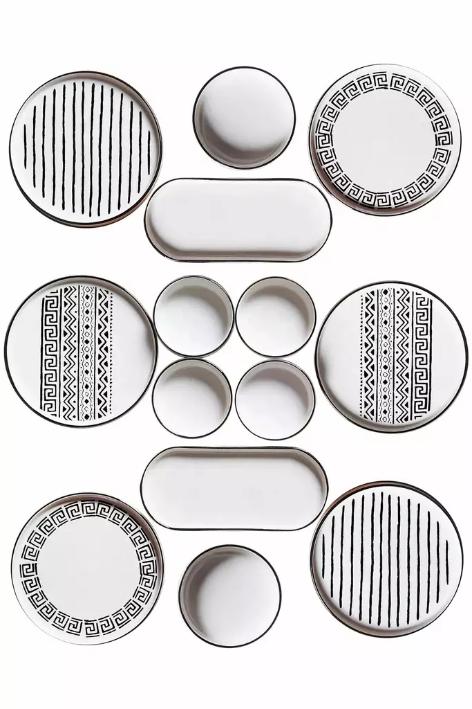 Aamiaissetti (14 osaa), musta valkoinen, 19 cm, 25 x 11 x 3,5 cm, 10,5 x 10,5 x 3,5 cm, kestävä, tyylikäs, monipuolinen - Lautaset - 8684282833307 - 1