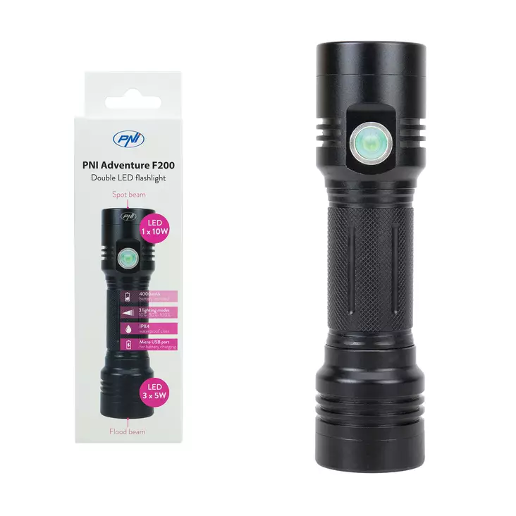 Alumiininen PNI Adventure F200 kaksois-LED-taskulamppu, 4000 mAh akku ja mikro-USB-portti, 3 LEDiä suurella aukolla ja yksi tarkennuksella, molemmissa 3 tehotasoa - PNI tuotteet - 5949066525797 - 1