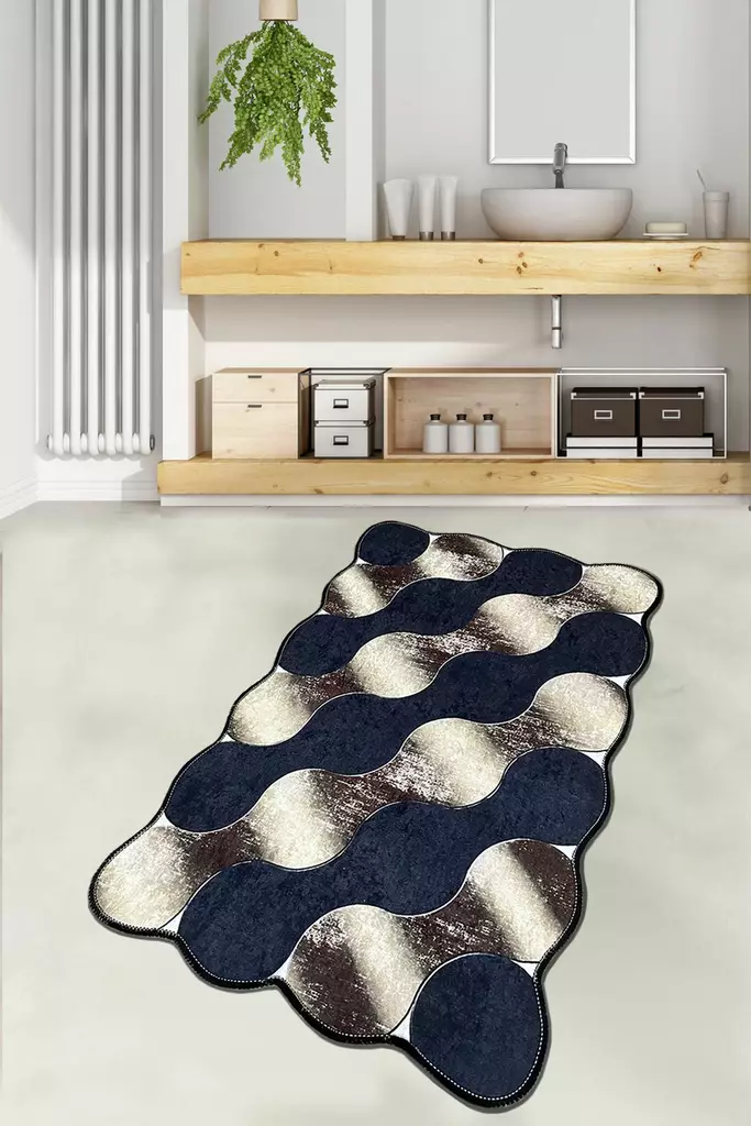 Antibakteerinen Kylpymatto 70x120 cm, Tummansininen/Kulta/Beige, 100% Polyesteri, Liukumaton, Konepestävä 30°C - Kylpyhuonematot ja kosteantilan matot - 8683743784387 - 1