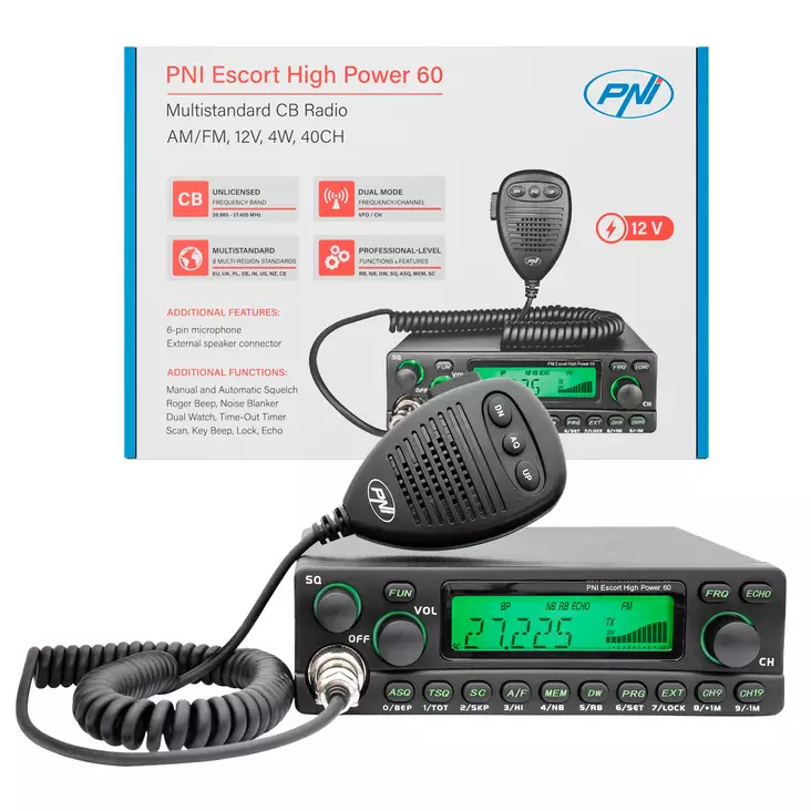 CB-radioasema PNI Escort High Power 60 monistandardi, FM/AM, 12V, ASQ, RF-vahvistus - Radiopuhelimet ja megafonit - 5949066544927 - 1