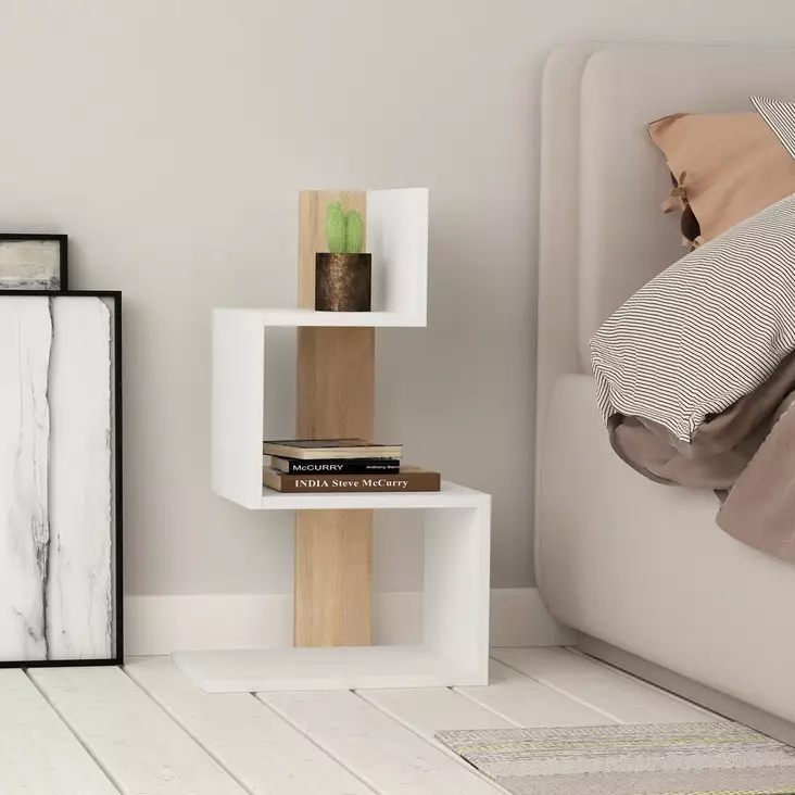 Sivupöytä - Valkoinen Tammi, 100% Melamiinipinnoitettu Lastulevy, 18 mm, 42x72x30 cm, Yksi Paketti, Tyylikäs ja Kestävä - Sivu- ja apupöydät - 8681875324297 - 1