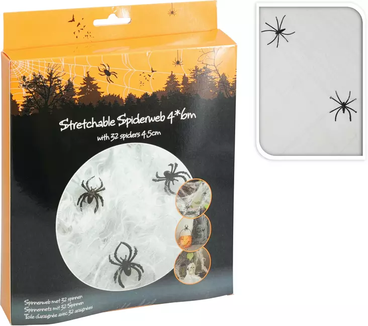 Halloween venyvä hämähäkinseitti 4x6m + 32 mustaa hämähäkkiä juhlakoriste sisä- ja ulkokäyttöön - Juhlakoristeet - 8720573261647 - 1