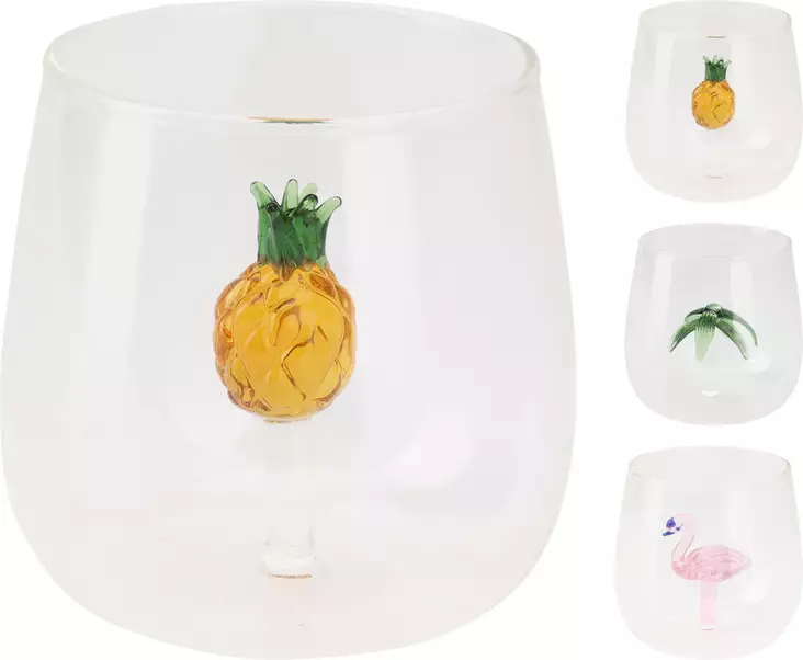 Juomalasi koristeella 400ml, flamingo/palmu/ananas, 3 kpl - Kotitaloustavarat - 8721037371827 - 1