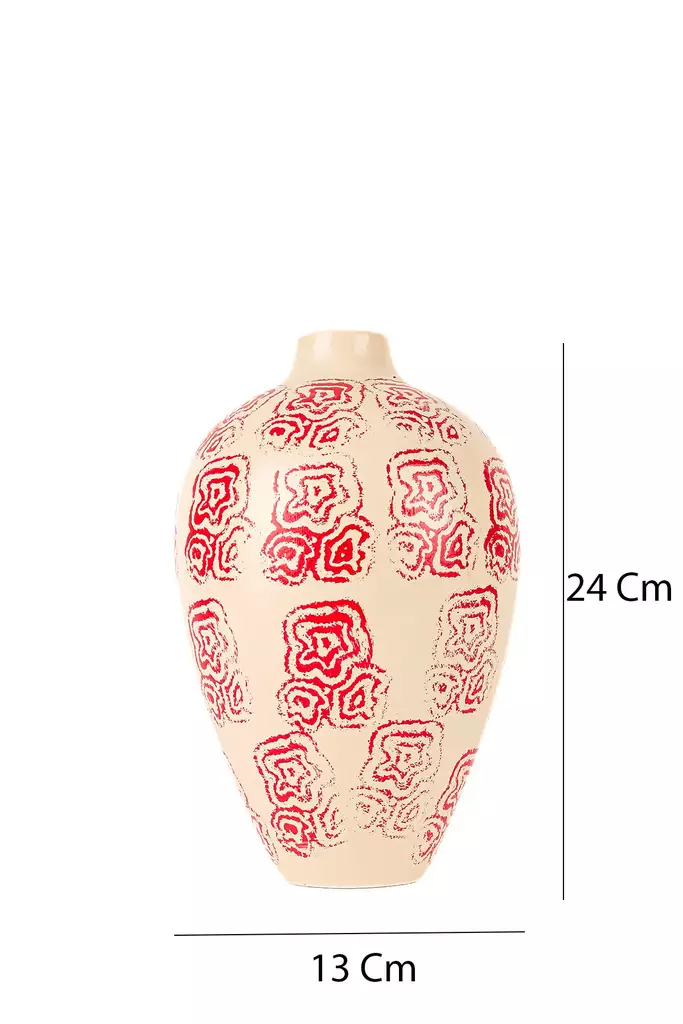 Käsinmaalattu Ecru Koristeellinen Keraaminen Ruukku - 16 cm Halkaisija, 23 cm Korkeus - Tyylikäs Sisustuselementti - Kukka-amppelit ja maljakot - 8684283592487 - 1