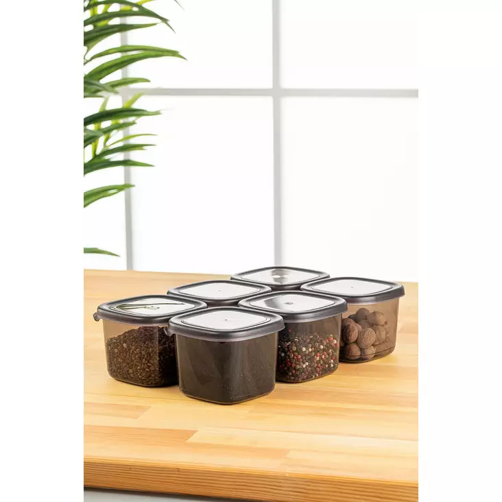 Keittiötarvikkeet: Tyylikäs Säilytyslaatikko Setti (6 kpl) - 100% Muovi, BPA-vapaa, Konepesun Kestävä, 550 ml, Anthracite - Eväsrasiat ja ruoansäilytysastiat - 8683742868927 - 1