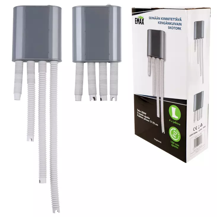 Kengänkuivain seinämalli 350 W – 4 joustavaa letkua, 2 h ajastin (Emax 8220) - Kenkätarvikkeet - 6418536014707 - 1