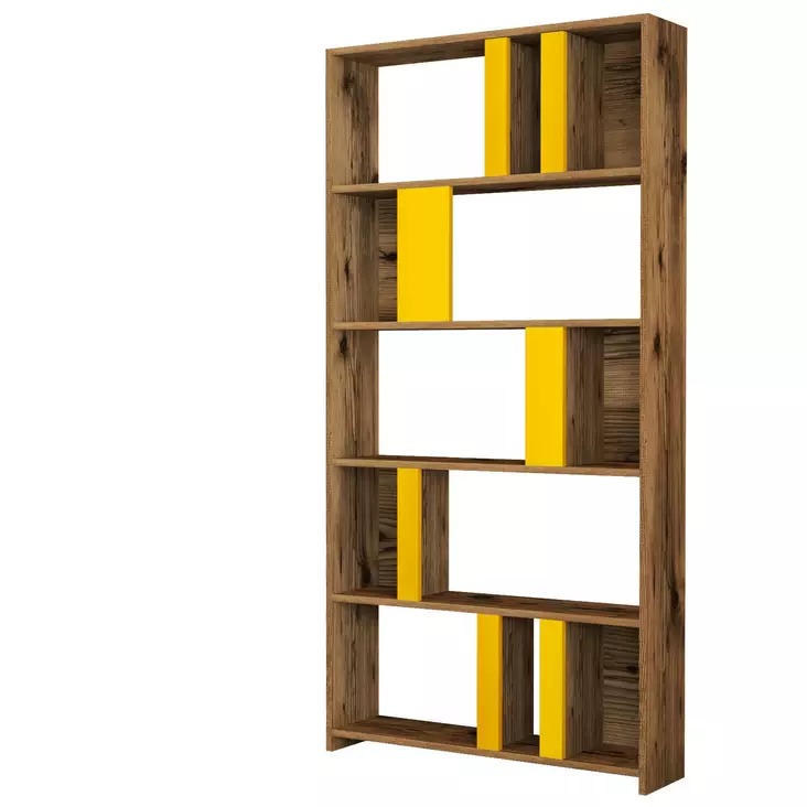 Kirjahylly - Boheemi Sisustusratkaisu, 100% Melamiinipinnoitettu, Pähkinä-Keltainen, 90x180x20 cm, Useita Hyllyjä - Kirjahyllyt - 8683342169837 - 1