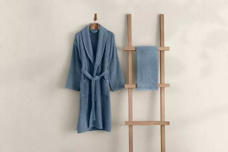 Kylpytakkisetti (2 osaa), sininen, S / M, 50 x 90 cm, kestävä, pehmeä, helppohoitoinen - Pyyhkeet ja kylpytakit - 8683743314607 - 1