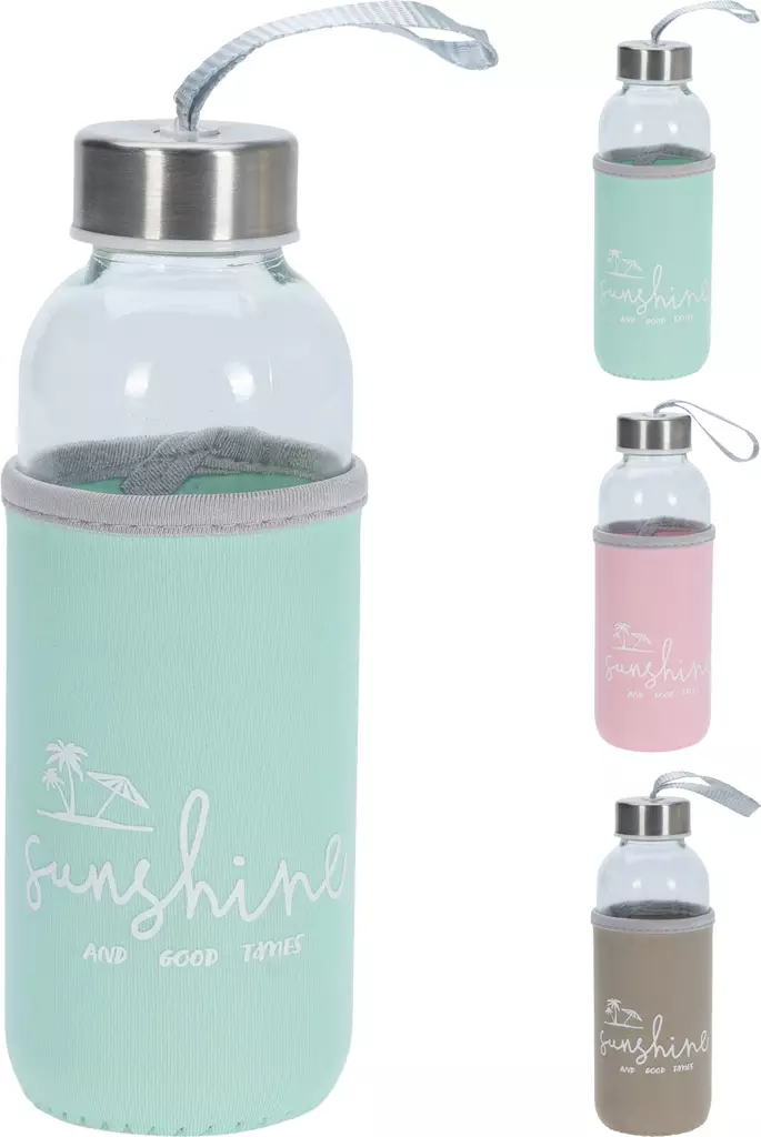 Lasinen juomapullo 400 ml neopreenisuojuksella ja kantohihnalla - Juomapullot - 8721037344807 - 1