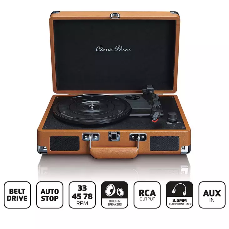 Classic Phono matkalaukku levysoitin, jossa on 2 sisäänrakennettua kaiutinta | Brown - Levysoittimet ja neulat - 8711902038177 - 1