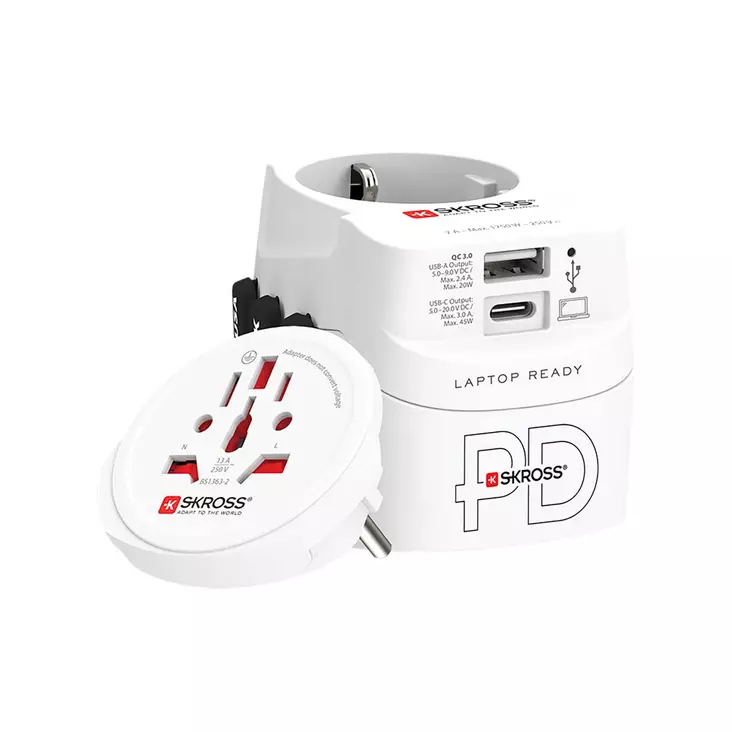 Matkasovitin 3-napainen maadoitettu, integroitu pikalataus 45 watin PD-USB-laturi (1 x USB C & 1 x USB). - Matka-adapterit - 7640166329107 - 10