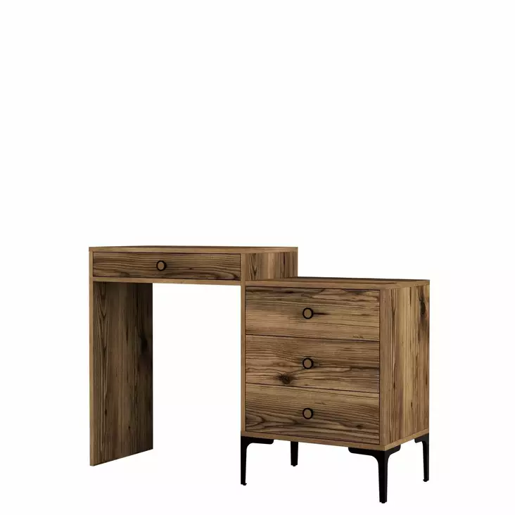 Moderni Meikkipöytä, Pähkinä, 100% Melamiinipinnoitettu Lastulevy, 18mm, Muovikahva, Metallijalat, 124x84,7x40cm - Meikkipöydät - 8683743327607 - 1