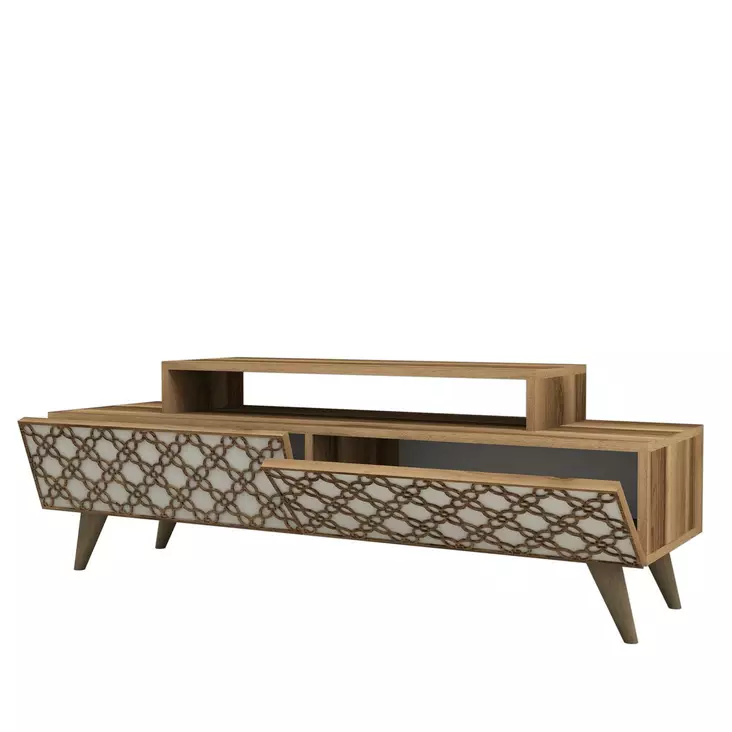 Moderni TV-taso, 140 cm, Pähkinä-Kerma, 100% Melamiinipinnoitettu, 18 mm, CNC Relief 4 mm, Muovijalat, Useita Hyllyjä - TV-tasot - 8681875184457 - 1