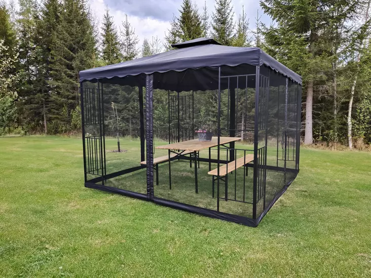 Paviljonki 3 x 3 m Barcelona musta, teräsrunko, hyttysverkot ja vesisuojattu katos - Paviljongit ja pergolat - 6438168117997 - 1