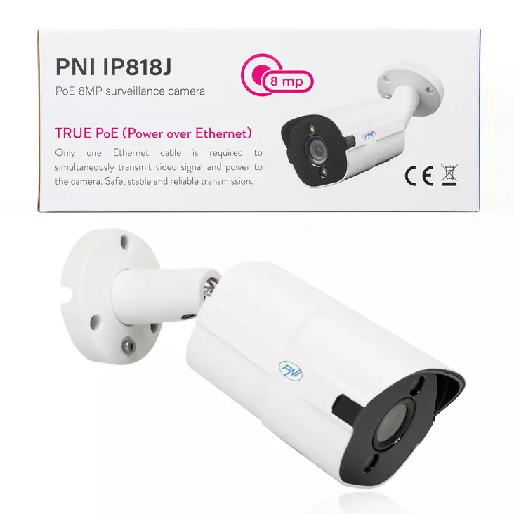 PNI IP818J POE -videovalvontakamera, 8MP:n luoti, musta valo, 2,8 mm:n objektiivi, ulkokäyttöön, valkoinen - PNI tuotteet - 5949066536847 - 1