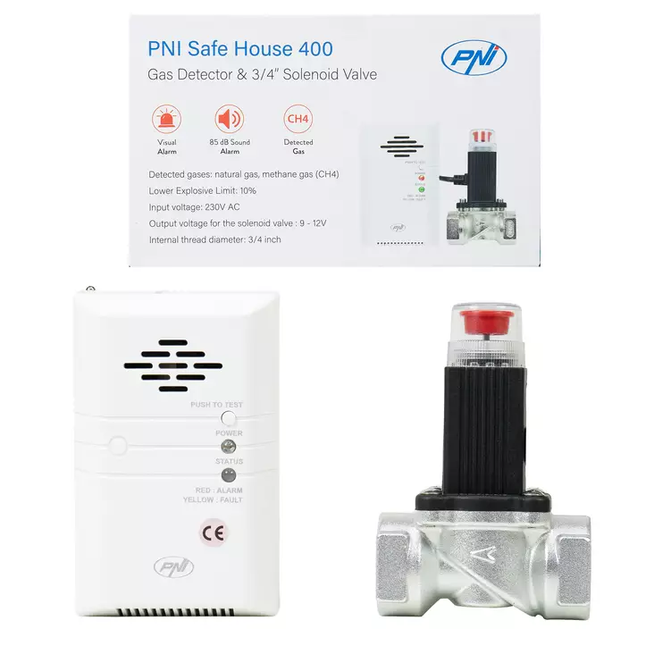 Sarja PNI Safe House 400 kaasuanturi ja solenoidiventtiili 3/4 tuumaa, ääni- ja valohälytys, 85dB, havaitsee maakaasun, metaanikaasun (CH4) - PNI tuotteet - 5949066534317 - 1