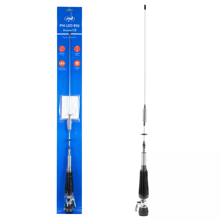 Taitettava CB PNI LED 850 -antenni, 85 cm, 26-28 MHz, 300 wattia, palaa lähetyksen aikana, PL-kierretyyppi, ilman lisävarusteita - PNI tuotteet - 5949066527777 - 1