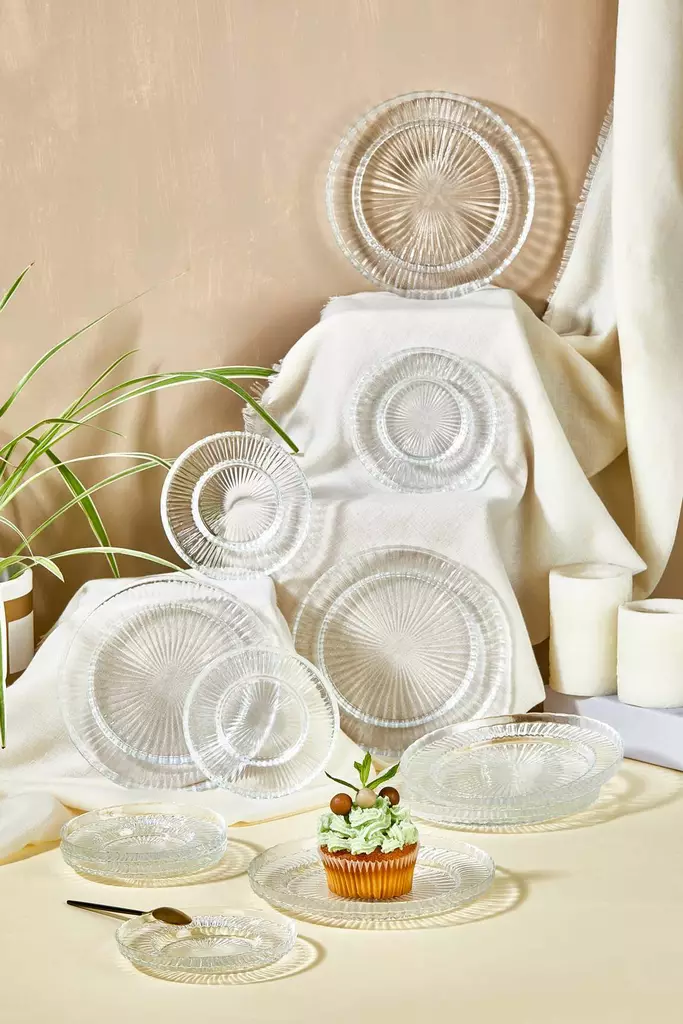 Teelasit 12 kpl Setti - 100% Lasi, Läpinäkyvä - Sisältää 6 Jälkiruokalautasta 17x17 cm ja 6 Lautasta 12x12 cm - Tarjoiluastiat - 8684283784837 - 1