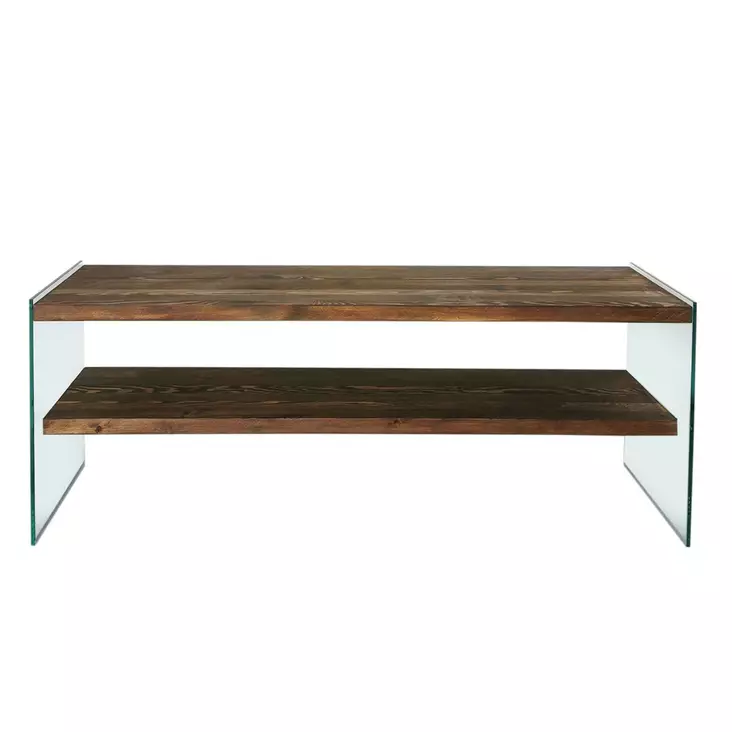 TV-taso, 100% mäntyä, paksuus 8 mm, karkaistu lasikehys, leveys 120 cm, korkeus 45 cm, syvyys 35 cm, pähkinäpuu - TV-tasot - 8681875708127 - 1