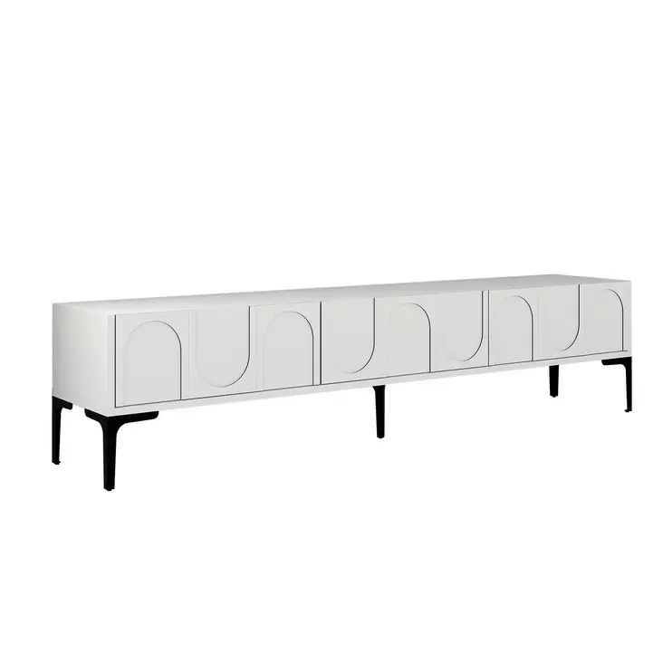 TV-taso, valkoinen/musta, 100% melamiinipinnoitettu lastulevy, 180x42x35 cm, useita hyllyjä, seinäkiinnitys - TV-tasot - 8684282640547 - 1