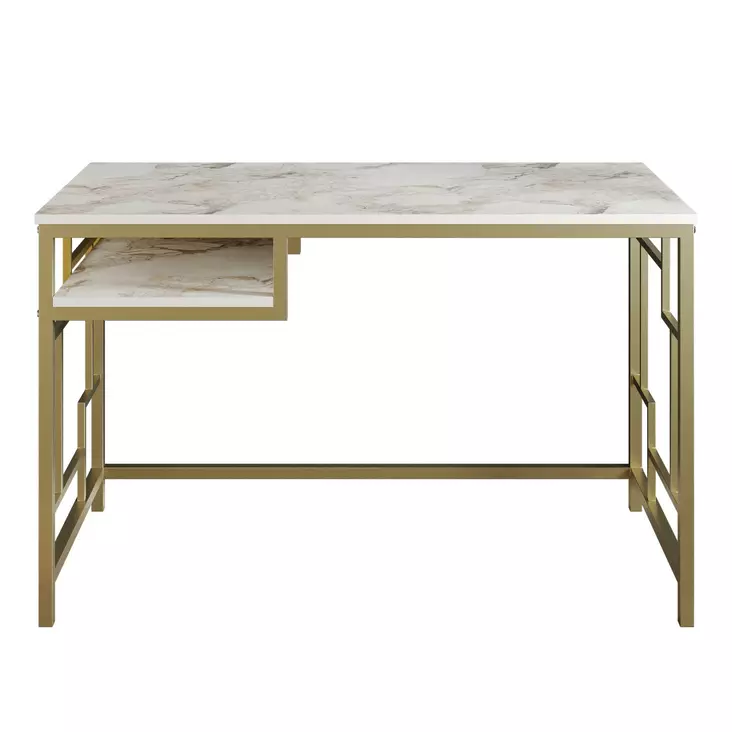 Tyylikäs ja Kestävä Opiskelupöytä - Kultavalkoinen, 120x75x60 cm, 100% Melamiinipinnoitettu, Metallijalat, 18 mm Paksuus - Työpöydät - 8681875921267 - 1