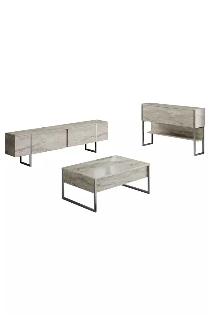 Tyylikäs Olohuoneen Kalustesetti - Travertine Silver - 100% Melamiinipinnoitettu - TV-taso, Pöytä, Lipasto - Huonekalut - 8684282970477 - 1