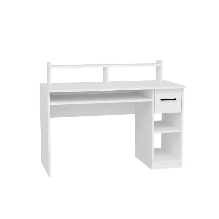 Valkoinen Opiskelupöytä 100% Melamiinipinnoitettu Hiukkaslevy 18mm 99,3x55x120cm Näppäimistöteline Laatikoilla ja Hyllyillä - Työpöydät - 8682870728417 - 1