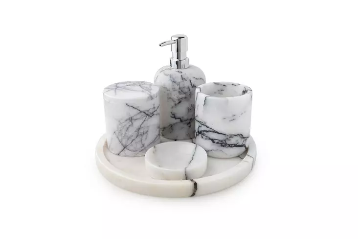 Ylellinen 5-osainen Kylpyhuonesetti - 100% Sisilian Lila Marmoria - Valkoinen - Tyylikäs ja Kestävä - Mitat: 27 cm, 9 cm - Kylpyhuonetarvikkeet - 8684283055357 - 1