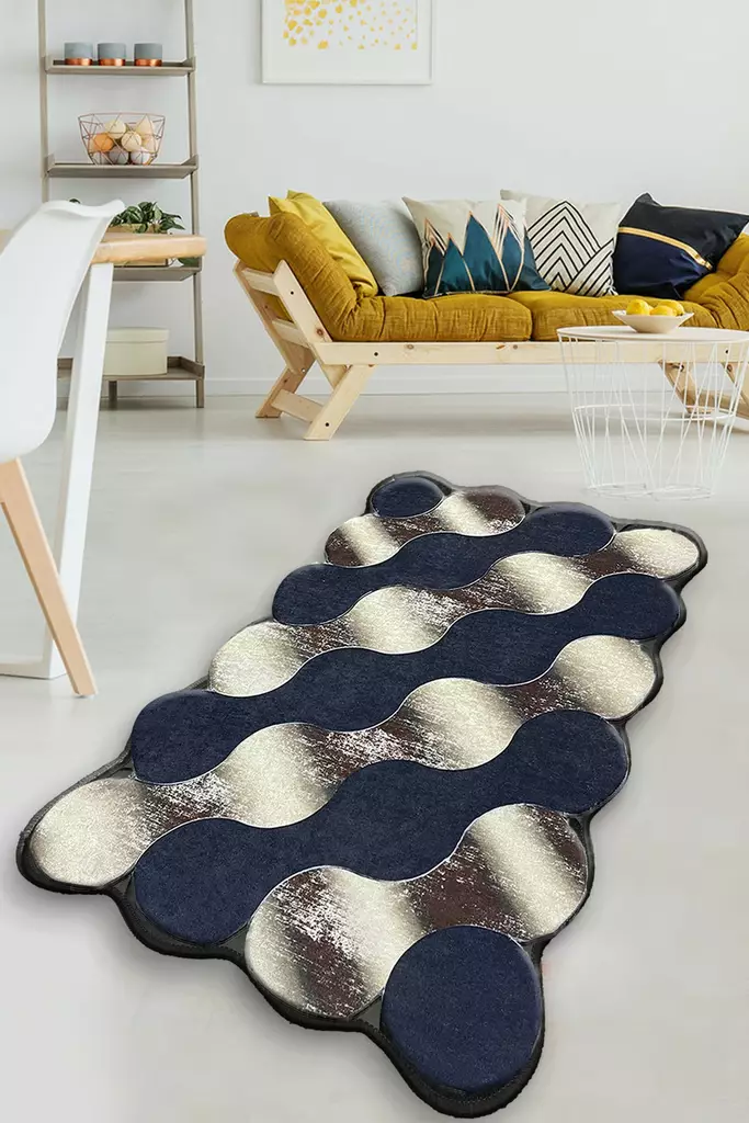 Ylellinen Kulta-Tummansininen-Beige Matto 100x160 cm - Antibakteerinen, Liukumaton, Konepestävä, 100% Polyesteri - Suuret ja keskikokoiset matot - 8683743782437 - 1