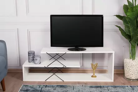 Valkoinen TV-taso - 100% Melamiinipinnoitettu Lastulevy, 18mm, 120x40x30cm, Useita Hyllyjä, Moderni ja Tyylikäs - TV-tasot - 8683342427548 - 1