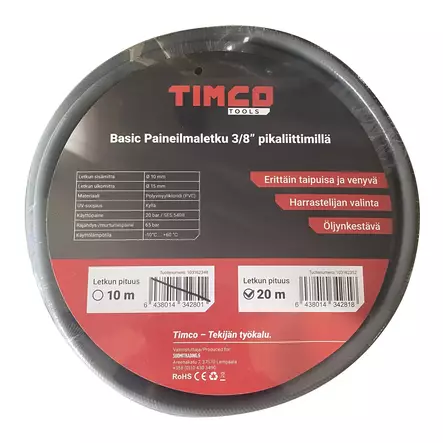 Timco Basic 3/8" 20m paineilmaletku pikaliittimillä - Paineilmaletkut ja liittimet - 6438014342818 - 2
