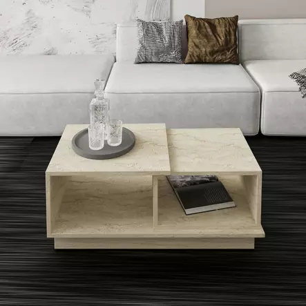 Marmorisohvapöytä - Tyylikäs ja Toimiva - Travertiini - 100% Melamiinipinnoitettu - 90x36x45 cm - Useita Hyllyjä - Sohvapöydät - 8684283460168 - 2