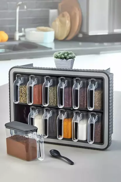 Maustepurkkisetti 13-osainen - Harmaa, 100% Muovia, Koko 14x34x24 cm, Konepestävä, Tyylikäs Keittiöjärjestys - Päivittäiskeittiötarvikkeet - 8684283773138 - 1