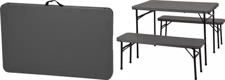 Pöytä- ja penkkisetti, kokoontaitettava, harmaa/musta, 3-osainen, kantokahvalla, 102x61x70 cm - Pihakalusteryhmät - 8719987416248 - 1