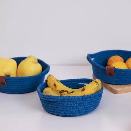Puuvillakorisetti (3 osaa), sininen, 15 x 15 x 6 cm, kestävä, monikäyttöinen, käsintehty - Säilytyslaatikot ja korit - 8683742917458 - 2