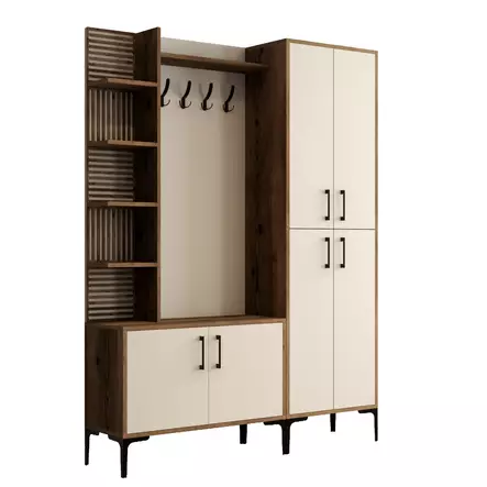 Teollinen Eteisteline, Pähkinä-Kerma, 100% Melamiinipinnoitettu, Metallijalat, Kiinnitettävä, 150x200x35 cm, Useita Hyllyjä - Huonekalut - 8683342170468 - 1