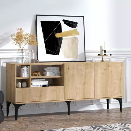 TV-taso, tammi, 100% melamiinipinnoitettu, 18 mm, leveys 80 cm, korkeus 40 cm, syvyys 180 cm, useita hyllyjä, seinäkiinnitys - TV-tasot - 8683342484718 - 2