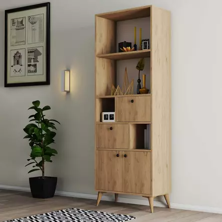 Tyylikäs Tammi Kirjahylly - 100% Melamiinipinnoitettu Lastulevy, 18 mm, Muovijalat, Koko: 69x195x35 cm, Useita Hyllyjä - Kirjahyllyt - 8683742470618 - 2
