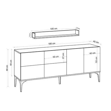 Valkoinen Musta Konsoli - 100% Melamiinipinnoitettu Lastulevy, 18mm Paksuus, 180x80x40cm, Useita Hyllyjä, 2 Pakkausta - Lipastot ja senkit - 8683743536948 - 1