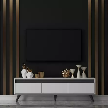 Valkoinen TV-taso 150x30x45 cm, 100% Melamiinipinnoitettu Lastulevy, PVC-jalat 15 cm, Moderni ja Tyylikäs - TV-tasot - 8683742102168 - 2