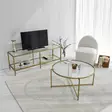 Moderni TV-taso, Kulta, 100% Karkaistu Lasi, 4 mm, 100% Metalli, 130x45x40 cm, Useita Hyllyjä, Kiinnitettävä Seinäasennus - TV-tasot - 8682870730878 - 4