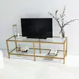 Moderni TV-taso, Kulta, 100% Karkaistu Lasi, 4 mm, 100% Metalli, 130x45x40 cm, Useita Hyllyjä, Kiinnitettävä Seinäasennus - TV-tasot - 8682870730878 - 5