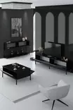 Tyylikäs Musta Olohuoneen Kalustesetti - 100% Melamiinipinnoitettu, Metallijalat, TV-taso 180cm, Konsoli 150cm, Pöytä 90cm - Huonekalut - 8684282484288 - 8