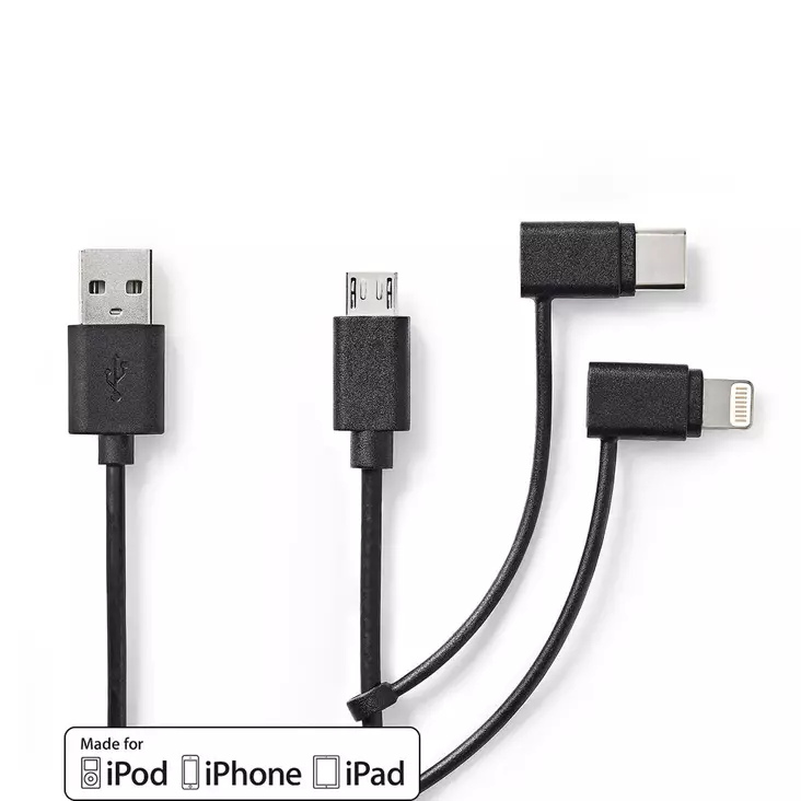 3 in 1 kaapeli | USB 2.0 | USB-A Uros | Apple Lightning 8-Pin / USB Micro-B Uros / USB-C Uros | 480 Mbps | 1.00 m | Niklattu | Pyöreä | PVC | Musta | Label - Tietokone ja verkko - 5412810421718 - 1
