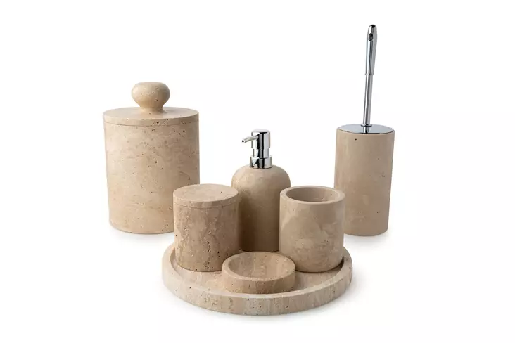 7-osainen Kylpyhuonesetti 100% Travertiini Marmoria, Beige - Sisältää Saippua-annostelijan, Hammasharjatelineen, Roskakorin - Kylpyhuonetarvikkeet - 8684283055418 - 1